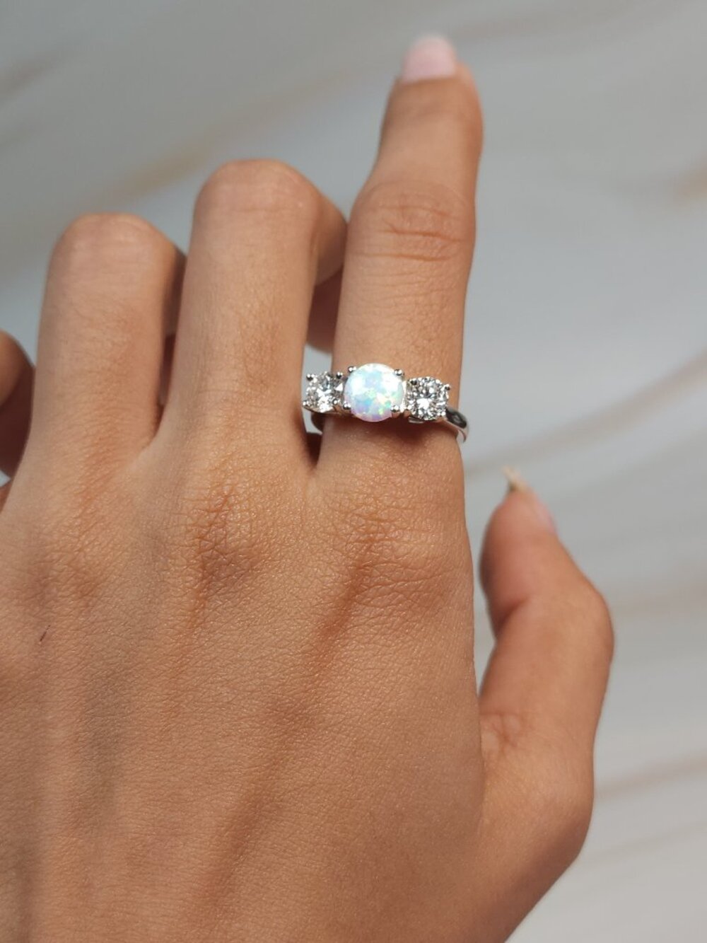 Created Opal & 1Ct Lab Grown Diamond Round ring .925 Sterling Silver